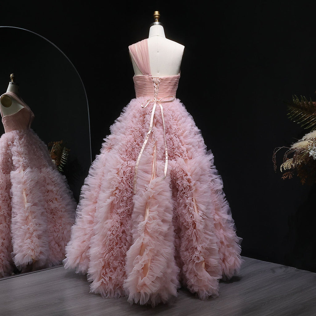 Elegant Dusty Pink One Shoulder A-Line Ruffles Evening Dress SF253