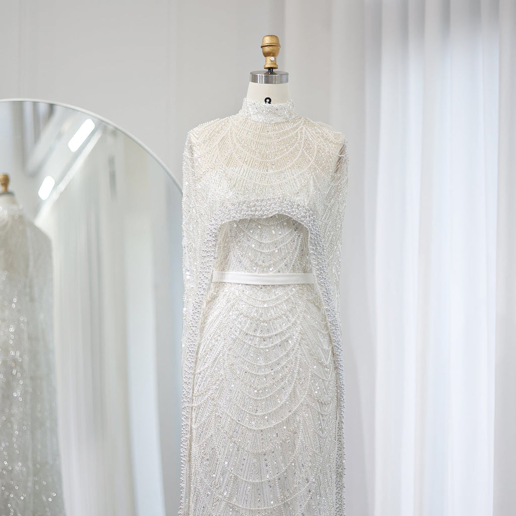 Luxury Pearls Champagne Mermaid Evening Dress with Cape SS369