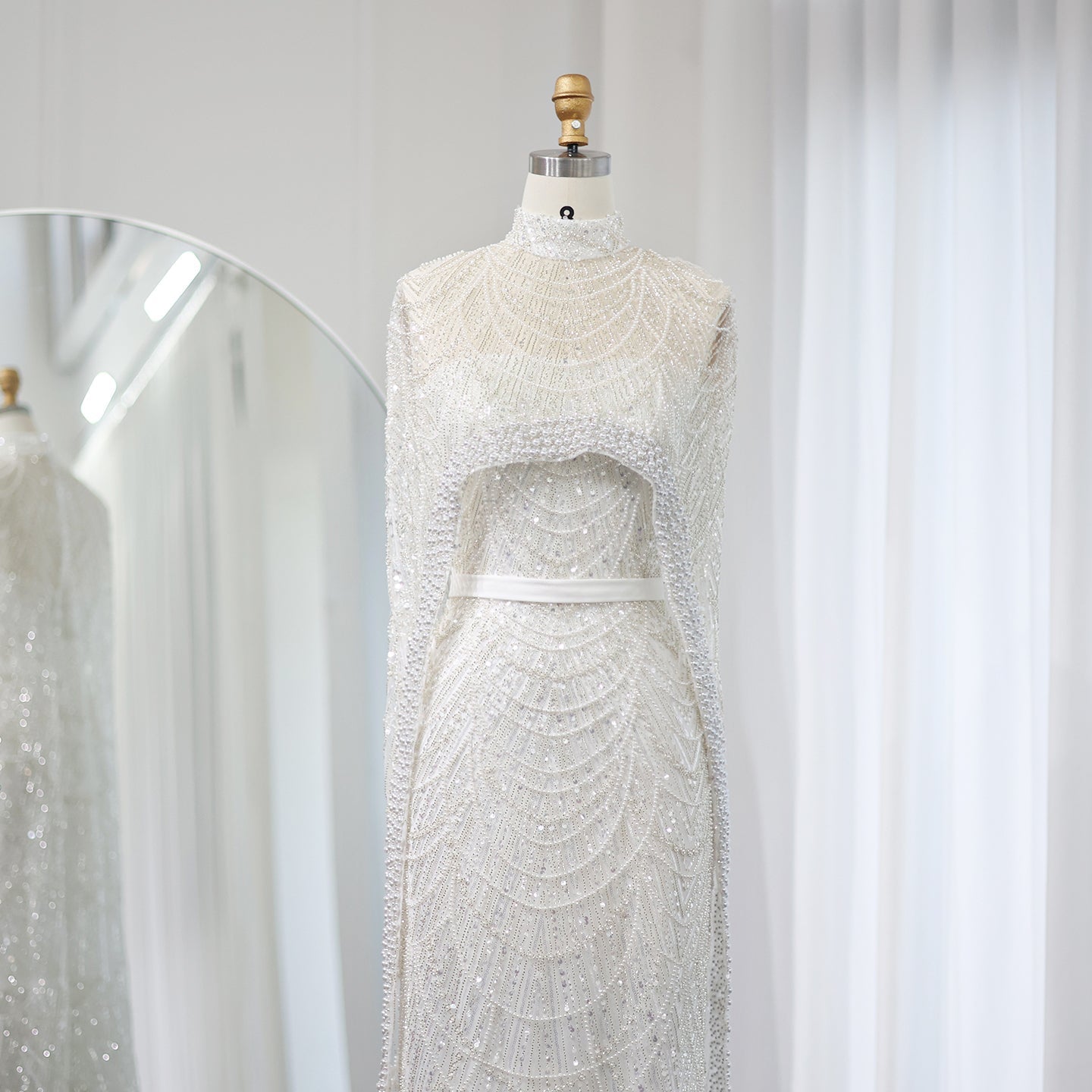 Luxury Pearls Champagne Mermaid Evening Dress with Cape SS369