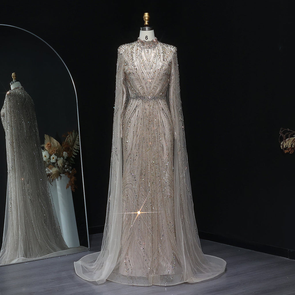 Luxury Champagne Long Sleeve High Neck Evening Dress with Cape SS366
