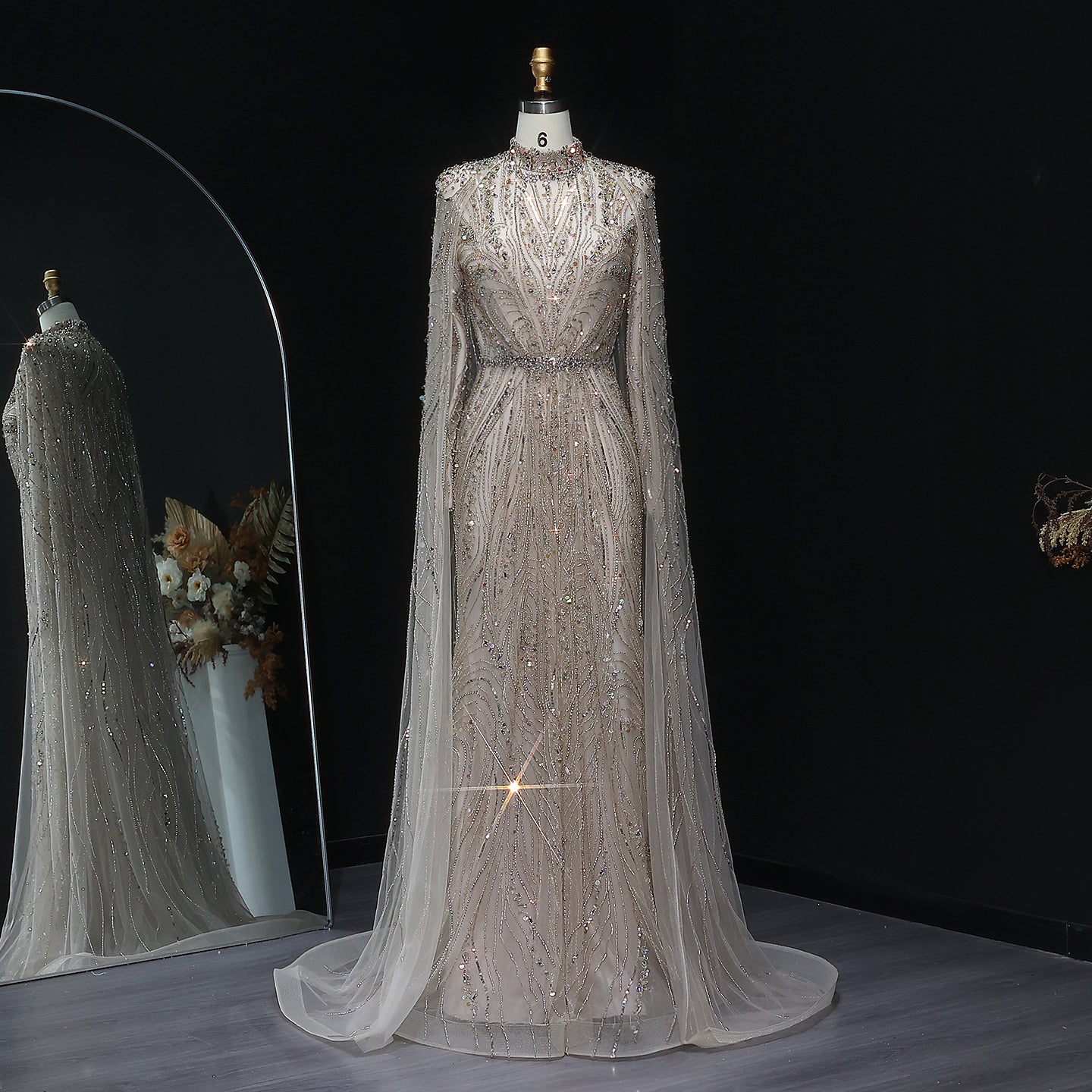 Luxury Champagne Long Sleeve High Neck Evening Dress with Cape SS366