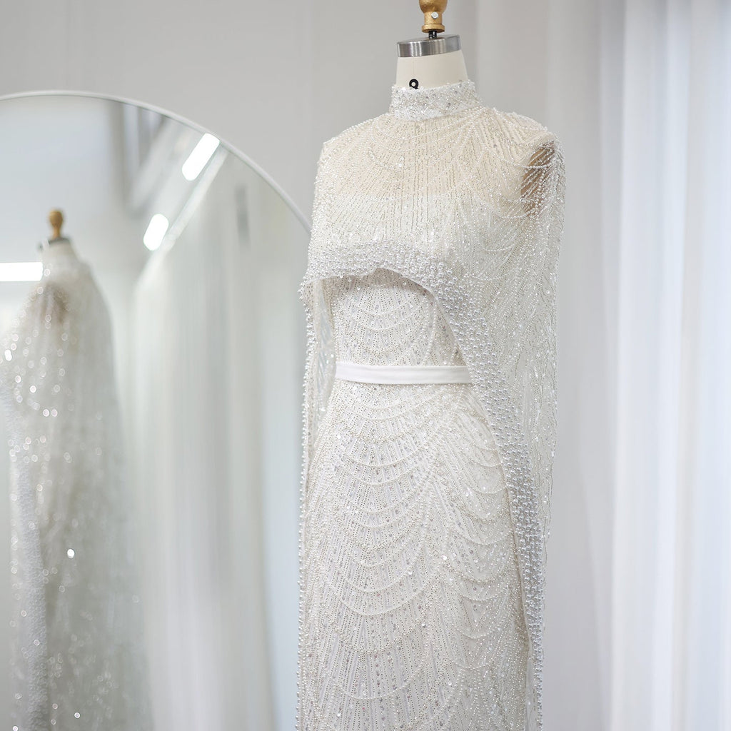 Luxury Pearls Champagne Mermaid Evening Dress with Cape SS369
