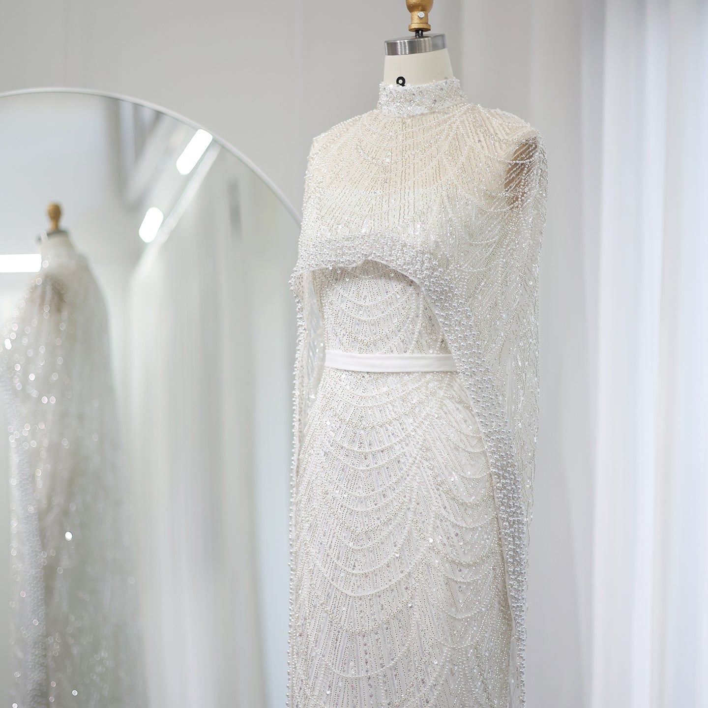 Luxury Pearls Champagne Mermaid Evening Dress with Cape SS369
