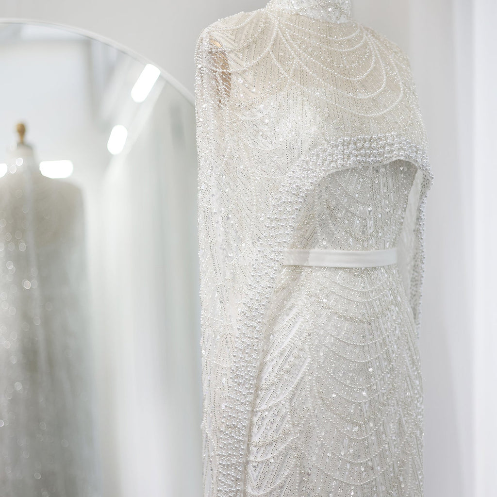 Luxury Pearls Champagne Mermaid Evening Dress with Cape SS369