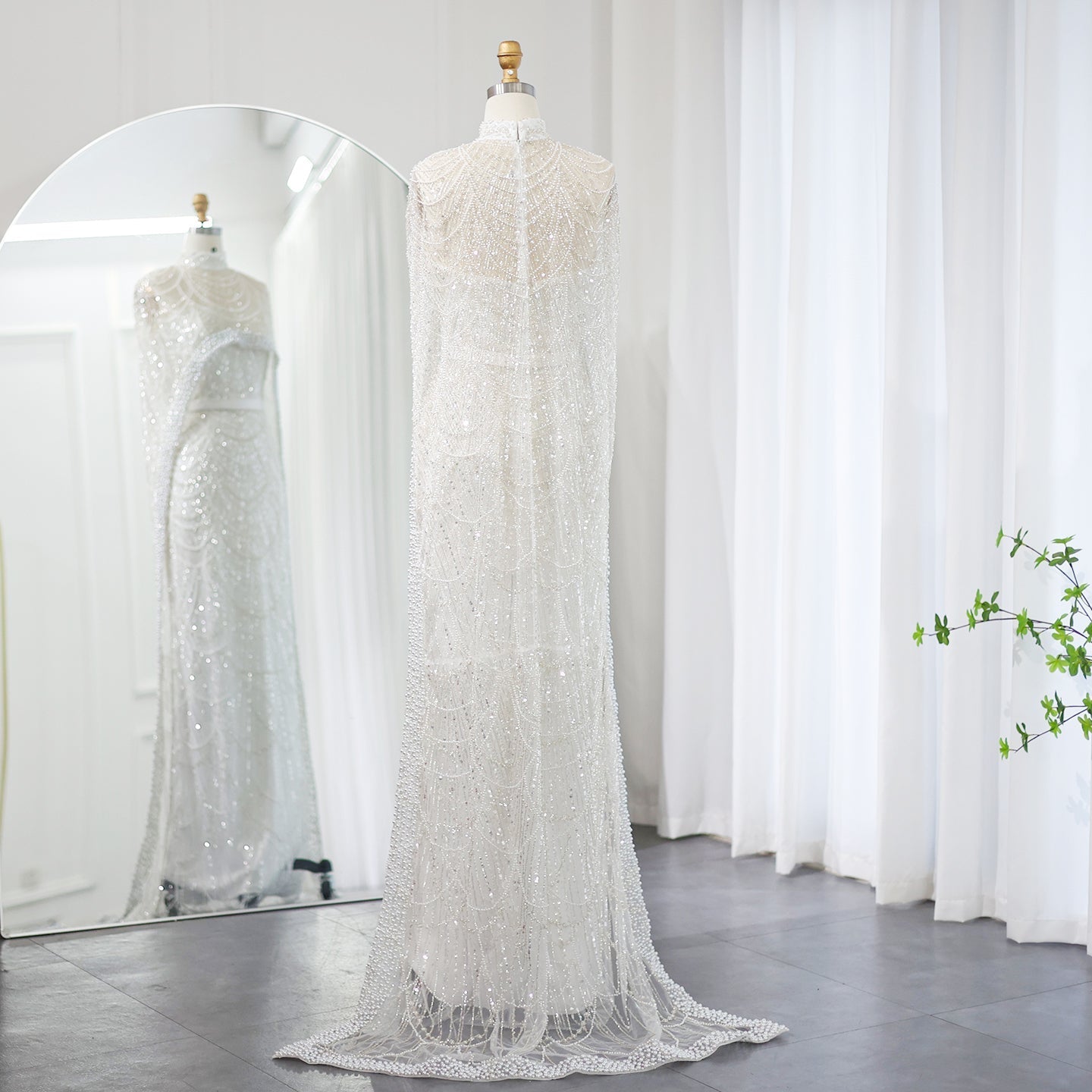 Luxury Pearls Champagne Mermaid Evening Dress with Cape SS369
