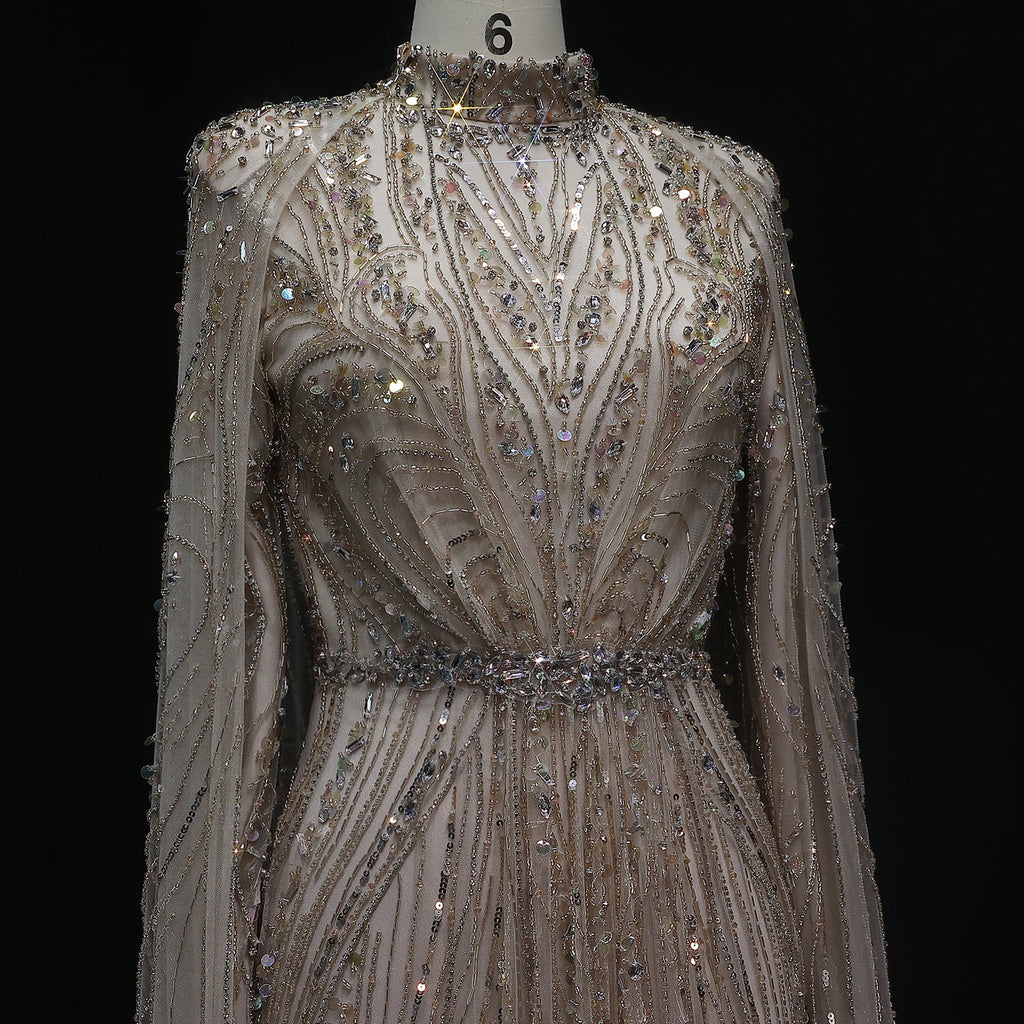 Luxury Champagne Long Sleeve High Neck Evening Dress with Cape SS366