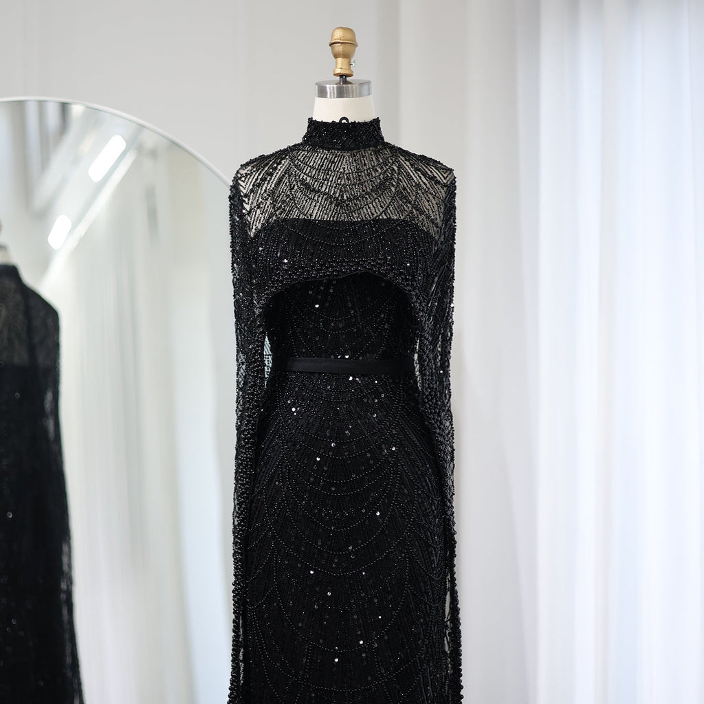 Luxury Pearls Champagne Mermaid Evening Dress with Cape SS369