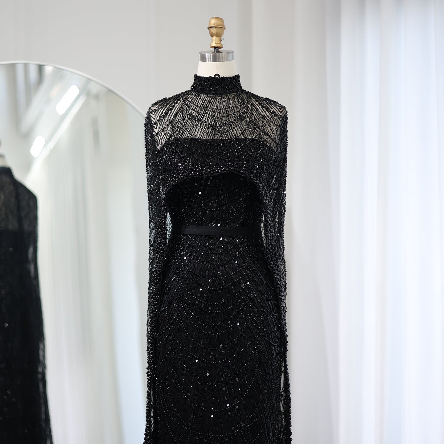 Luxury Pearls Champagne Mermaid Evening Dress with Cape SS369