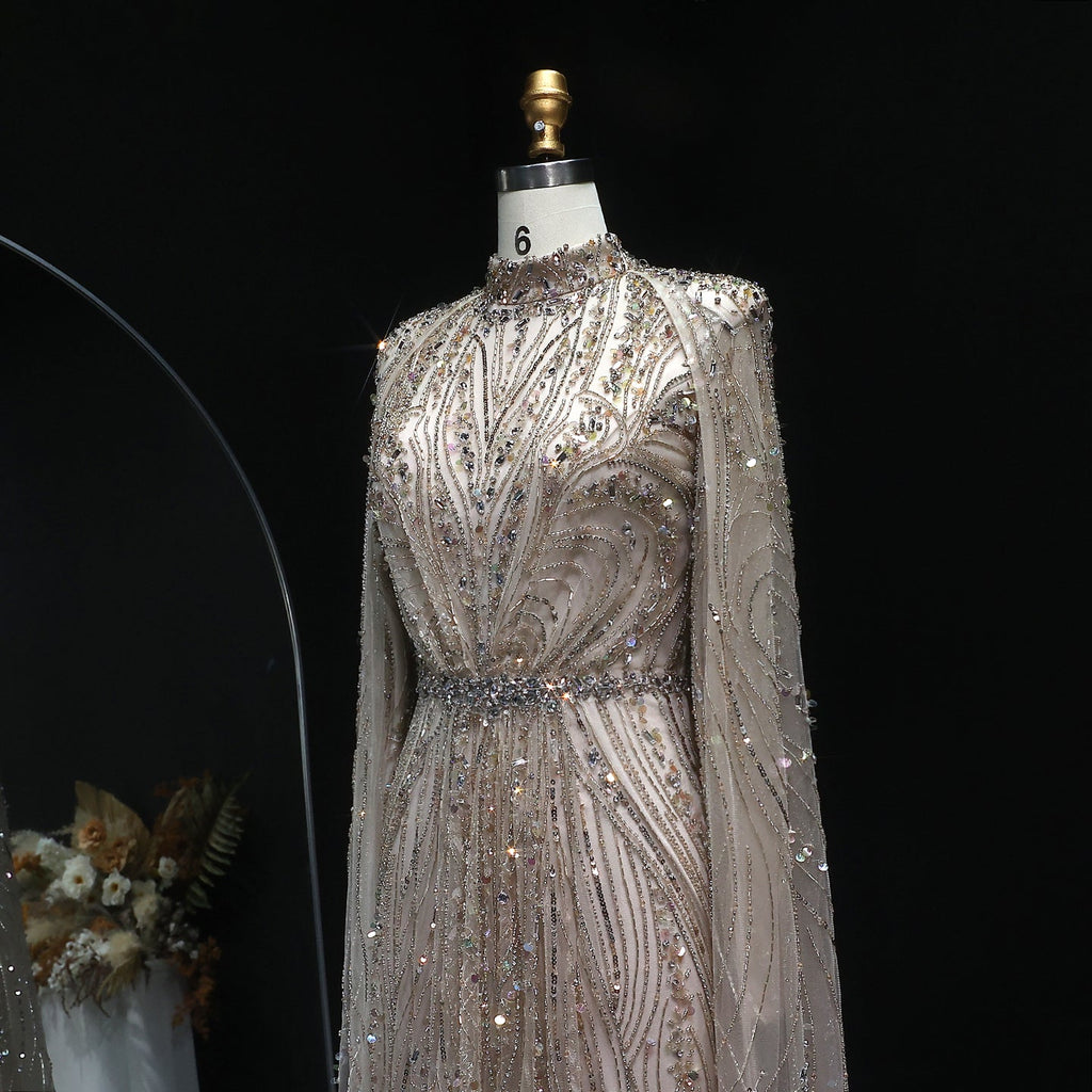 Luxury Champagne Long Sleeve High Neck Evening Dress with Cape SS366