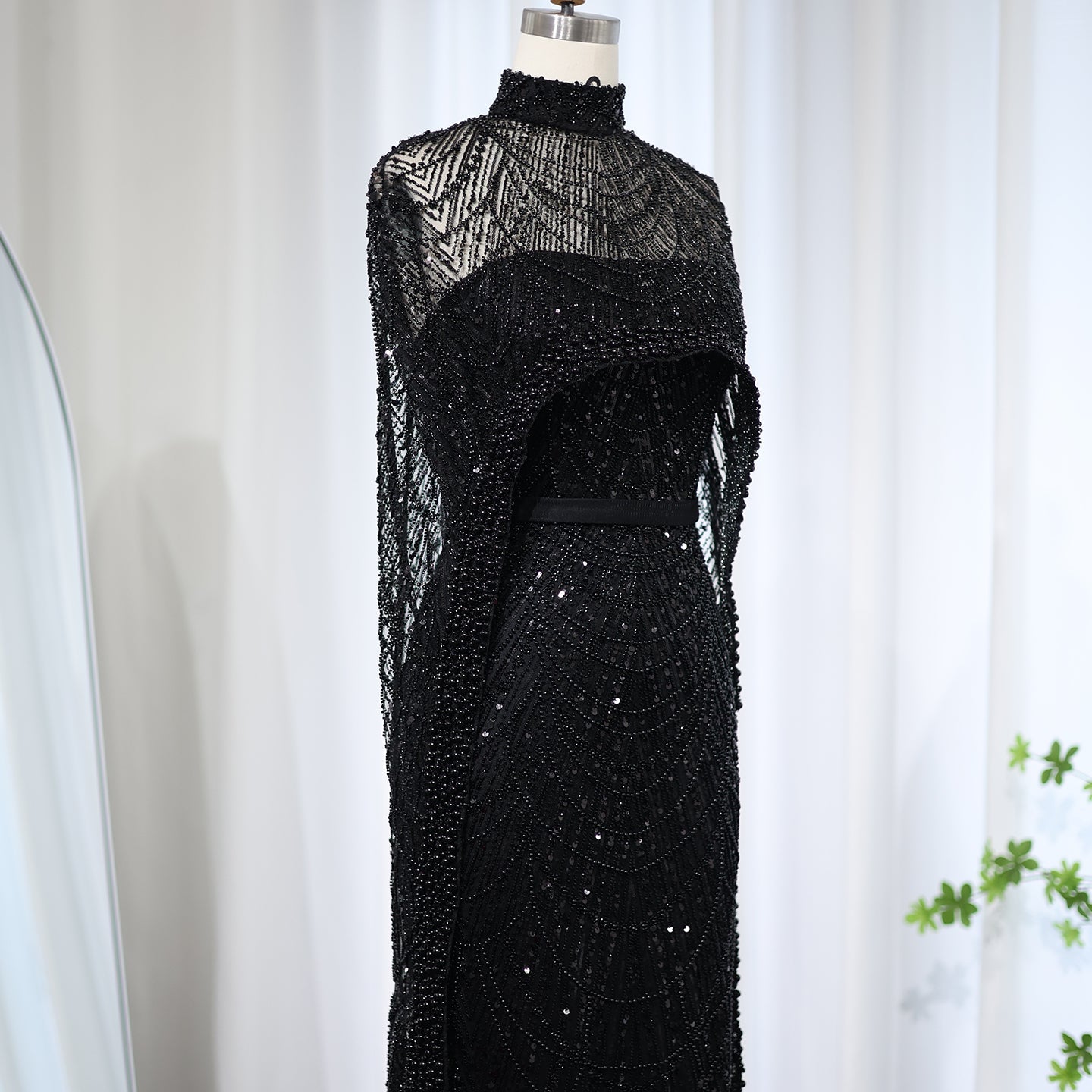 Luxury Pearls Champagne Mermaid Evening Dress with Cape SS369