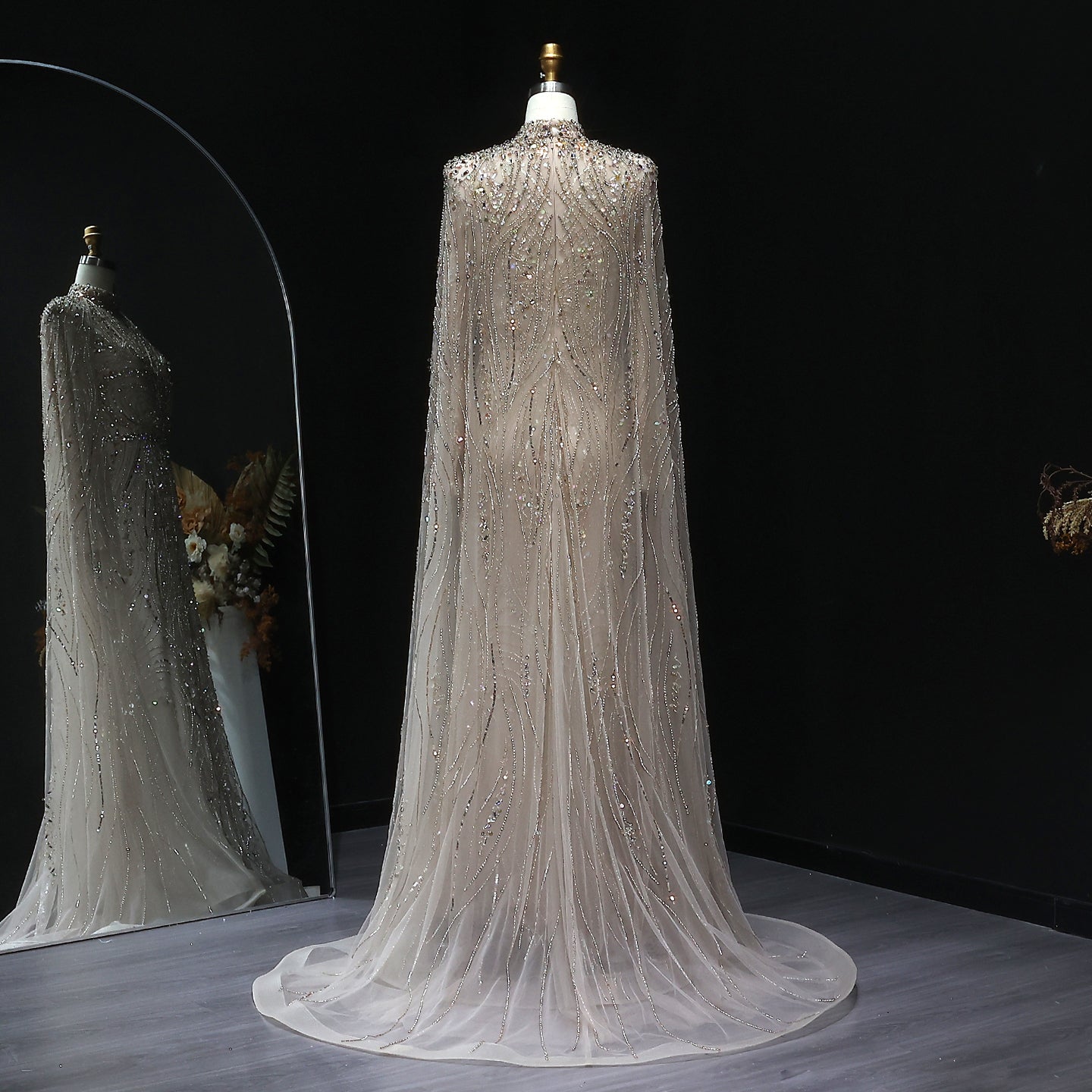 Luxury Champagne Long Sleeve High Neck Evening Dress with Cape SS366