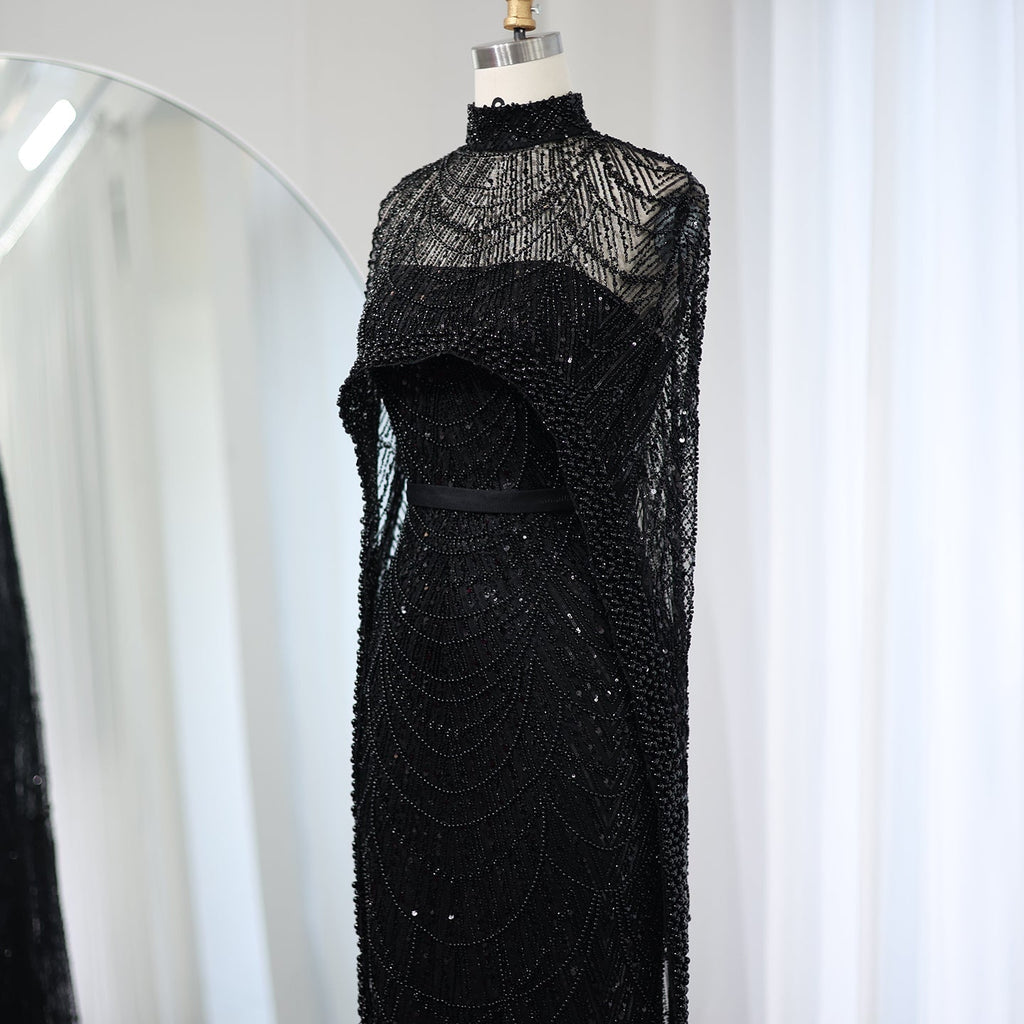 Luxury Pearls Champagne Mermaid Evening Dress with Cape SS369