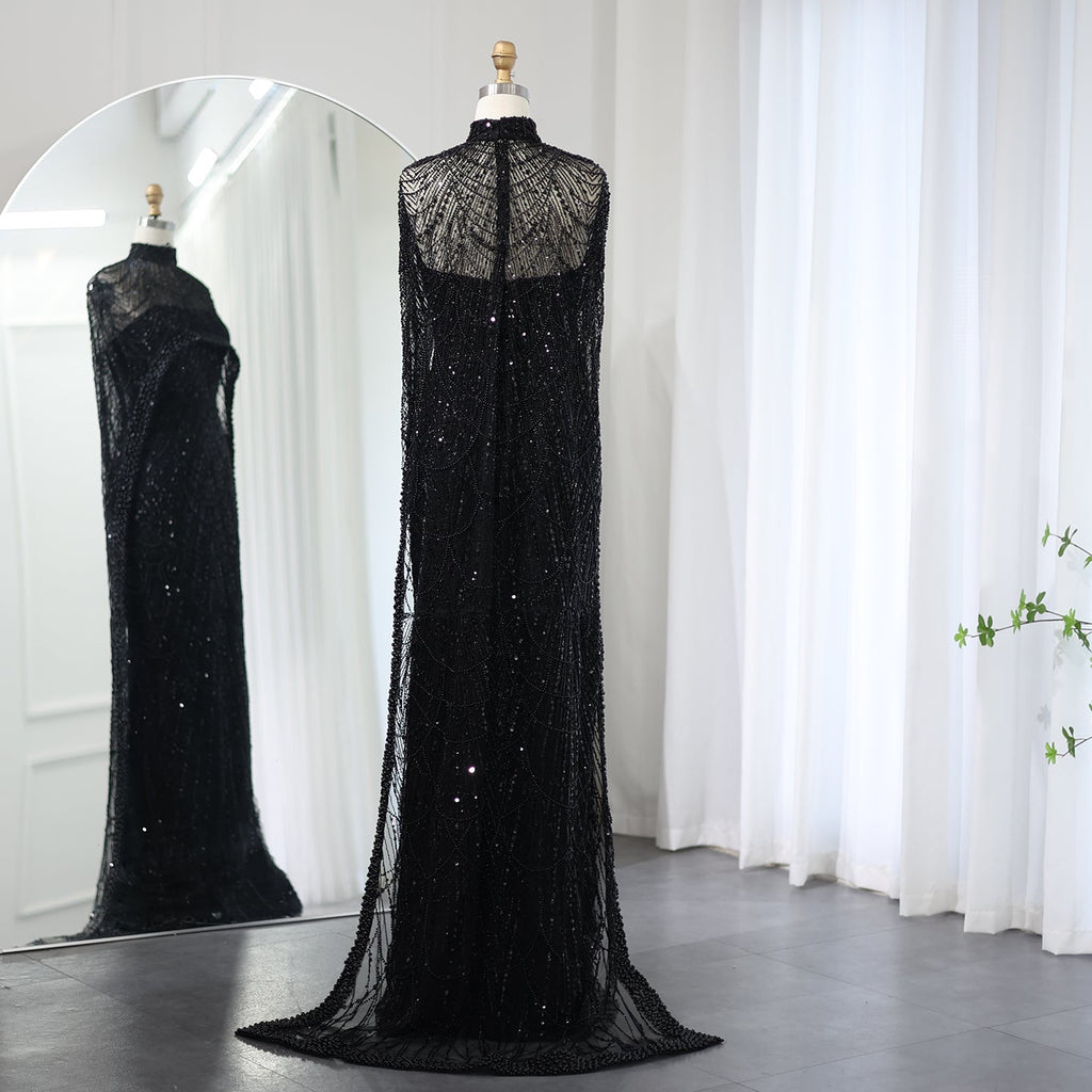 Luxury Pearls Champagne Mermaid Evening Dress with Cape SS369