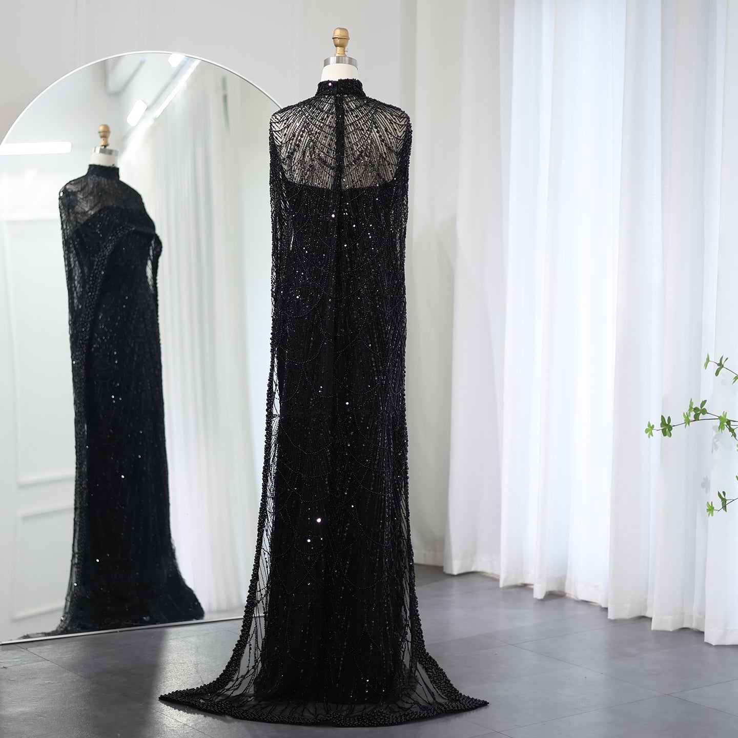 Luxury Pearls Champagne Mermaid Evening Dress with Cape SS369