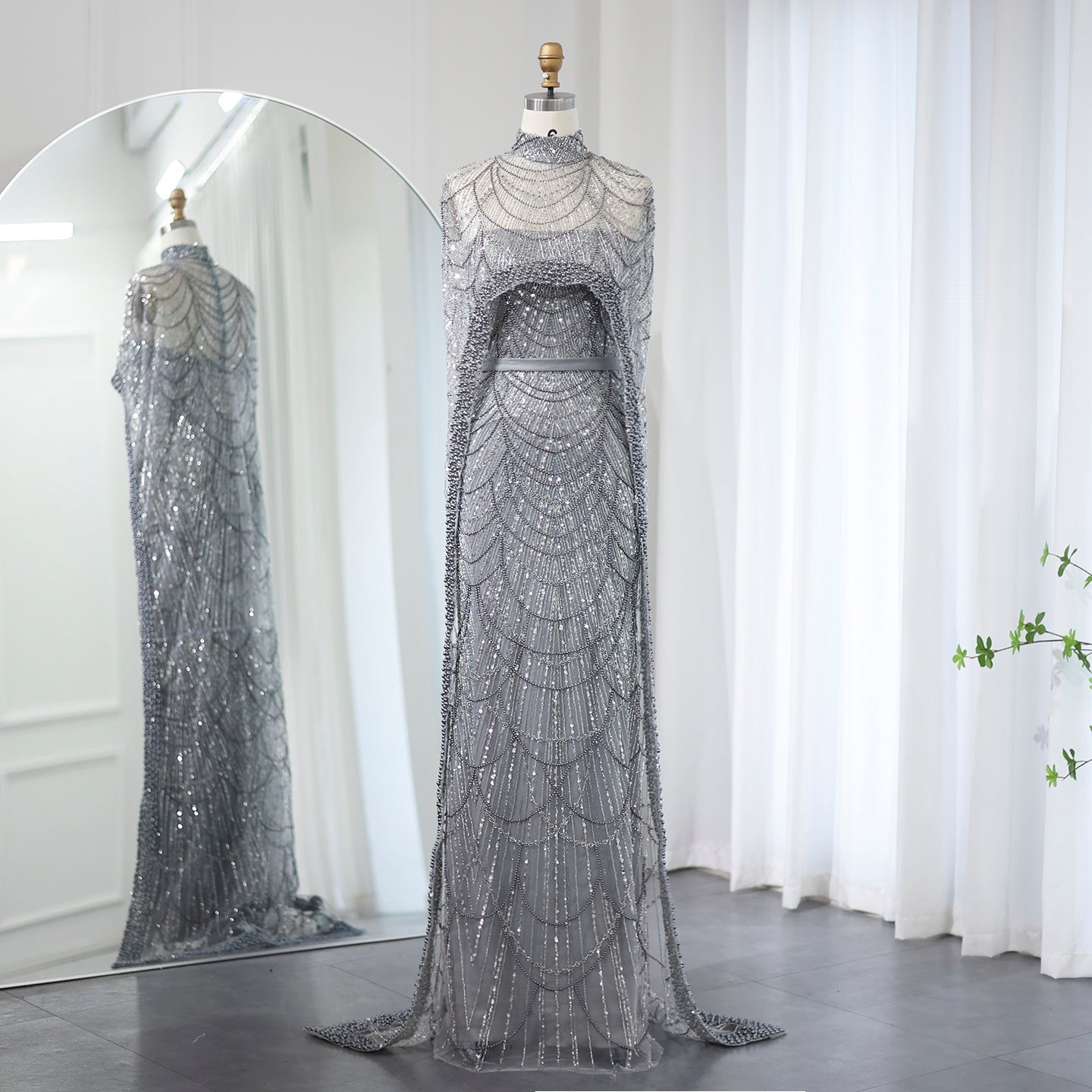Luxury Pearls Champagne Mermaid Evening Dress with Cape SS369