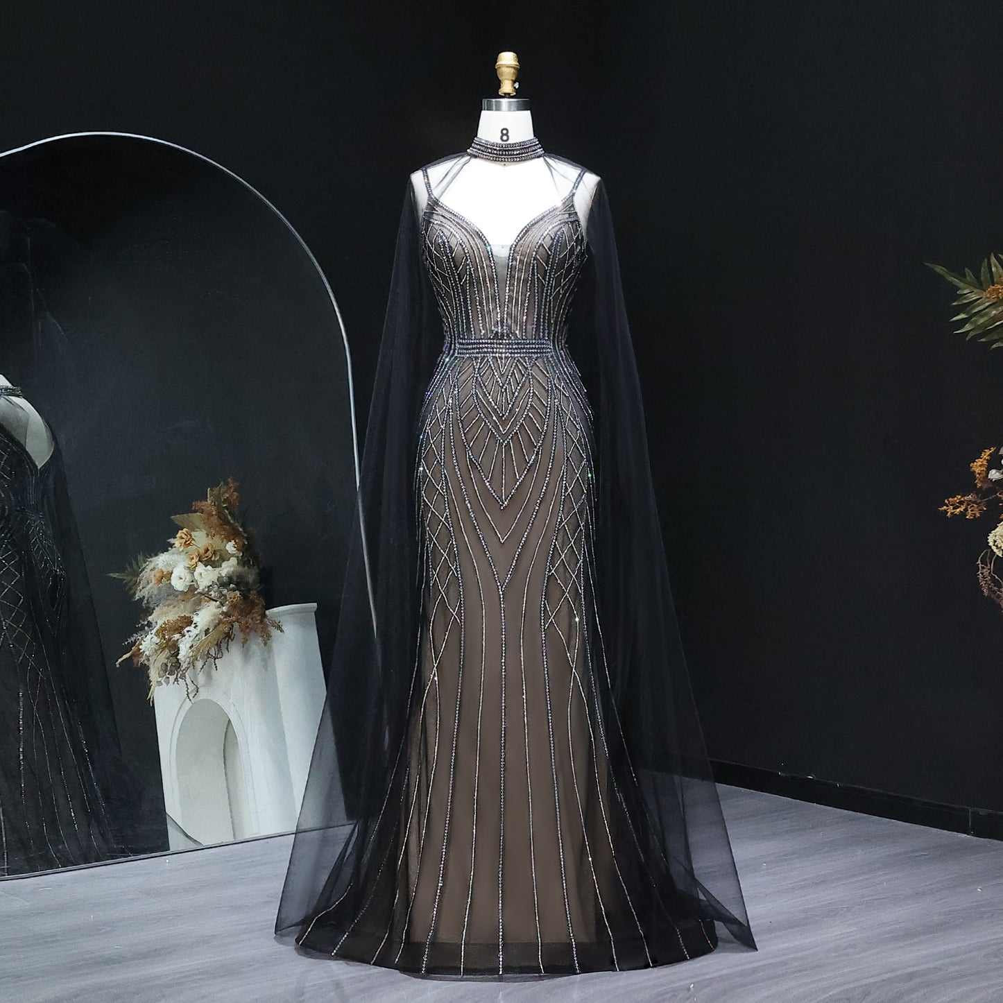 Sparkle Crystal Blue Mermaid Evening Dress with Cape Sleeves SS043
