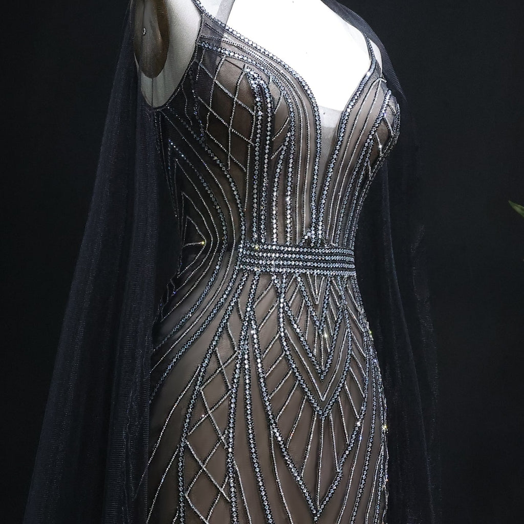 Sparkle Crystal Blue Mermaid Evening Dress with Cape Sleeves SS043