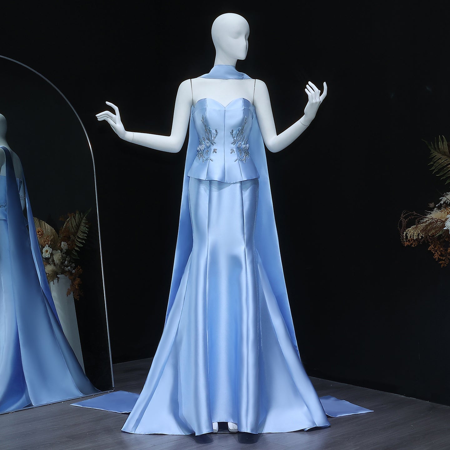 Graceful 3D Floral Blue Mermaid Evening Dress with Scarf SS245