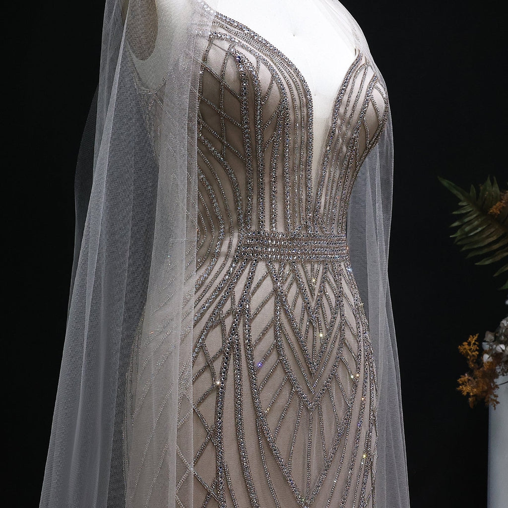 Sparkle Crystal Blue Mermaid Evening Dress with Cape Sleeves SS043