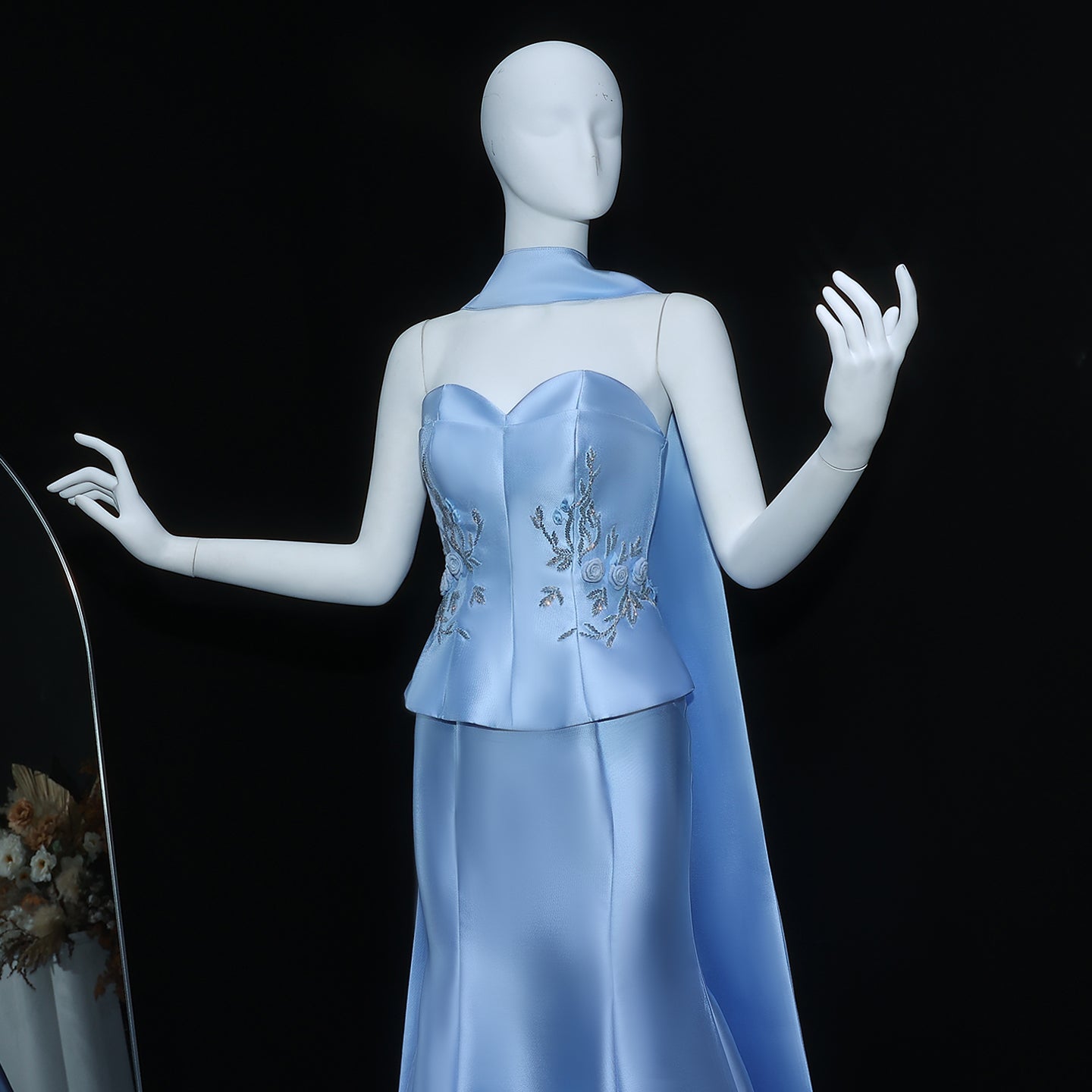 Graceful 3D Floral Blue Mermaid Evening Dress with Scarf SS245