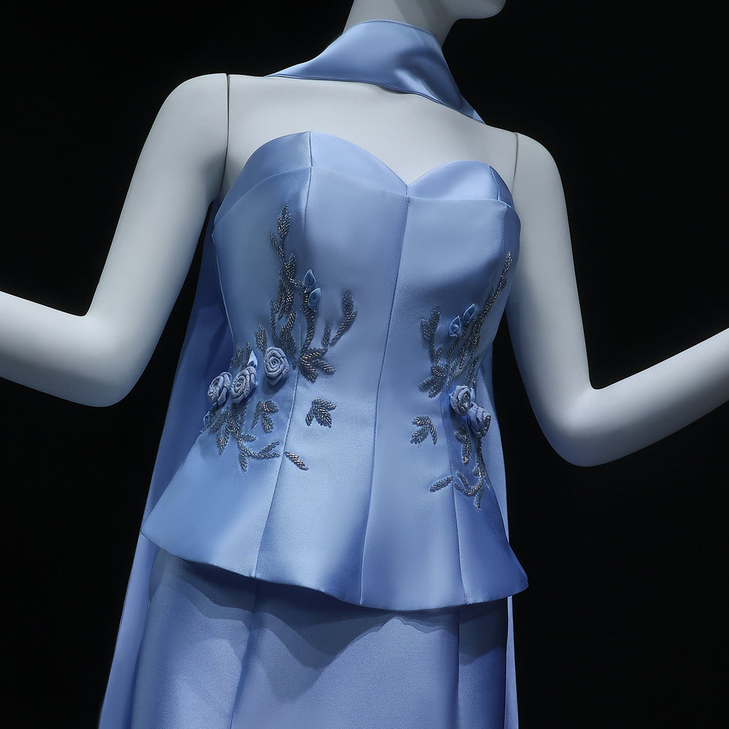 Graceful 3D Floral Blue Mermaid Evening Dress with Scarf SS245
