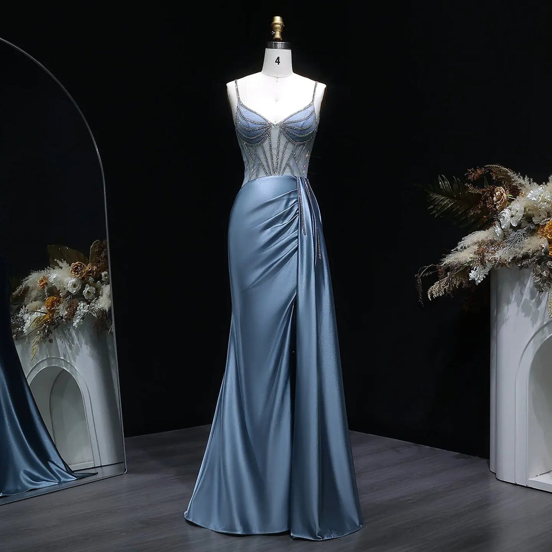 Luxury Blue Crystal Sheer Ruched High-Slit Mermaid Prom Dress SH405