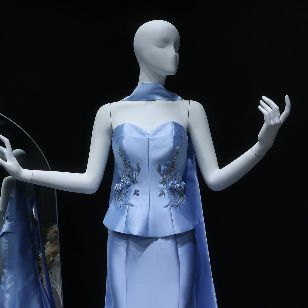 Graceful 3D Floral Blue Mermaid Evening Dress with Scarf SS245