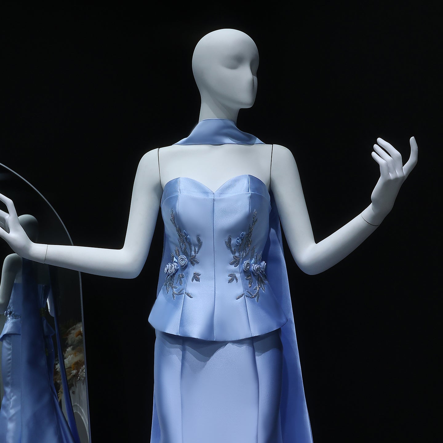 Graceful 3D Floral Blue Mermaid Evening Dress with Scarf SS245