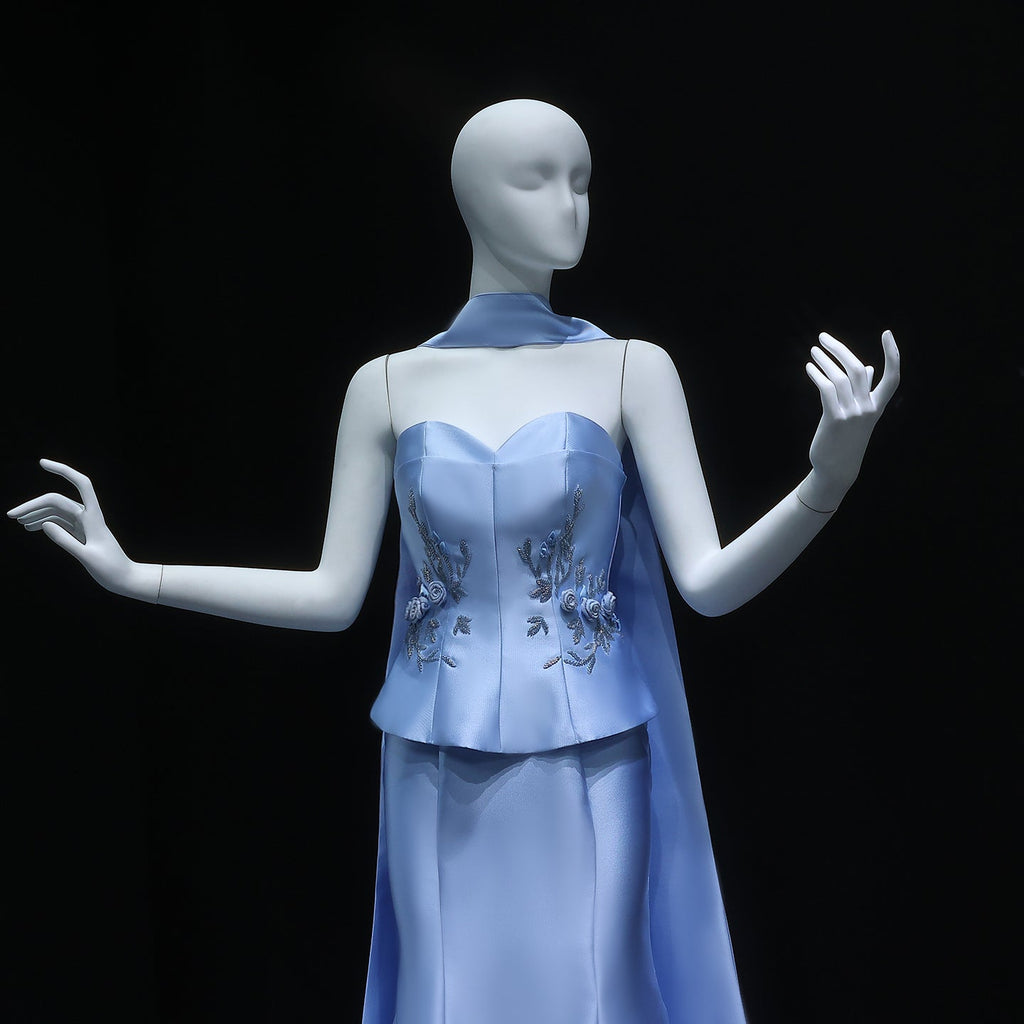 Graceful 3D Floral Blue Mermaid Evening Dress with Scarf SS245