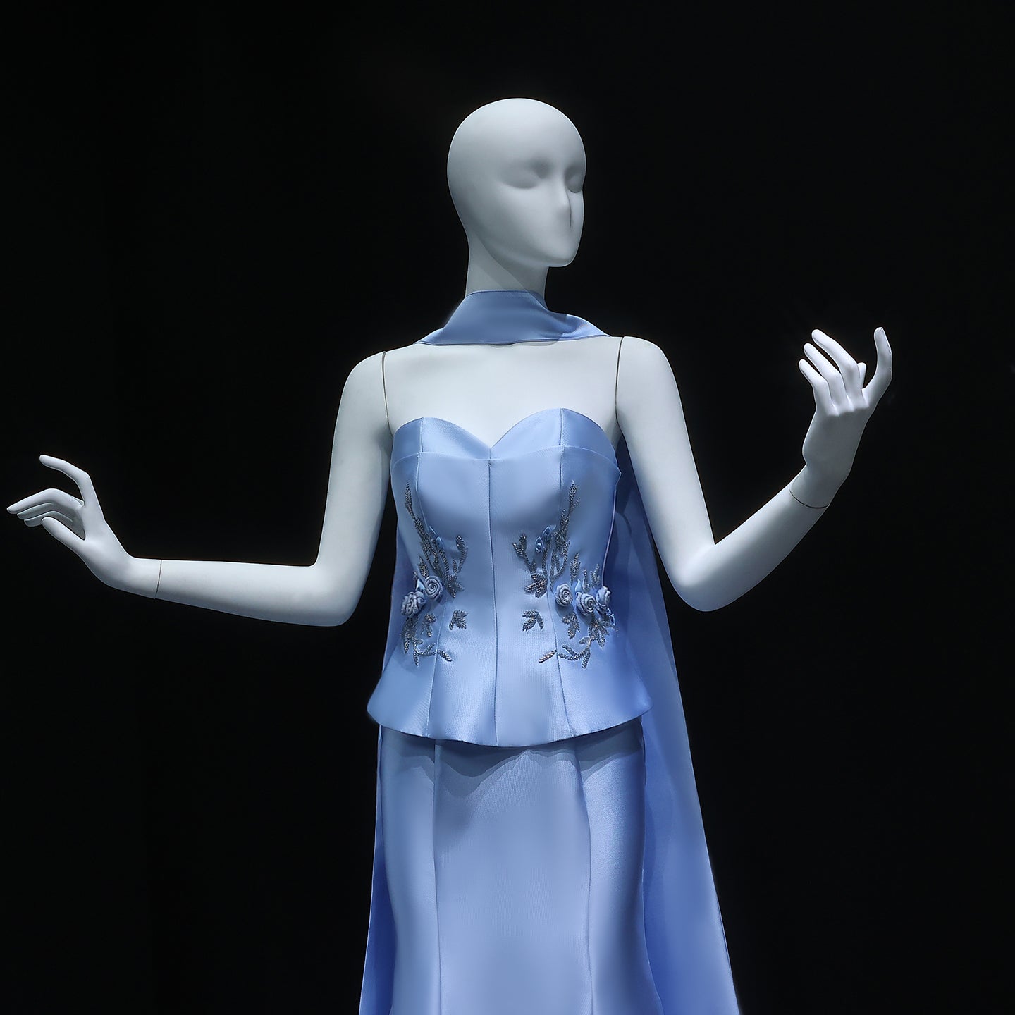 Graceful 3D Floral Blue Mermaid Evening Dress with Scarf SS245