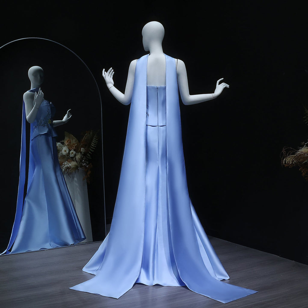 Graceful 3D Floral Blue Mermaid Evening Dress with Scarf SS245