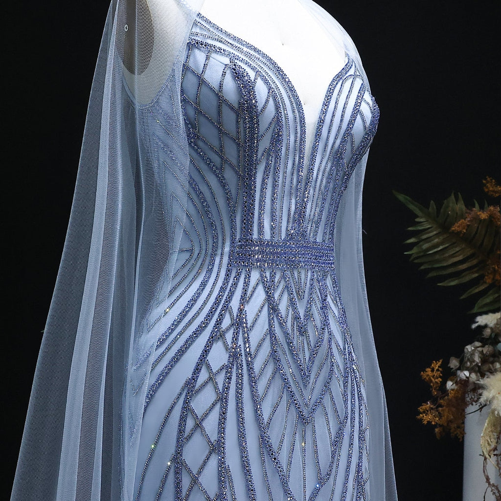 Sparkle Crystal Blue Mermaid Evening Dress with Cape Sleeves SS043