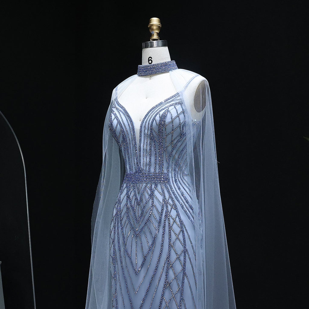 Sparkle Crystal Blue Mermaid Evening Dress with Cape Sleeves SS043