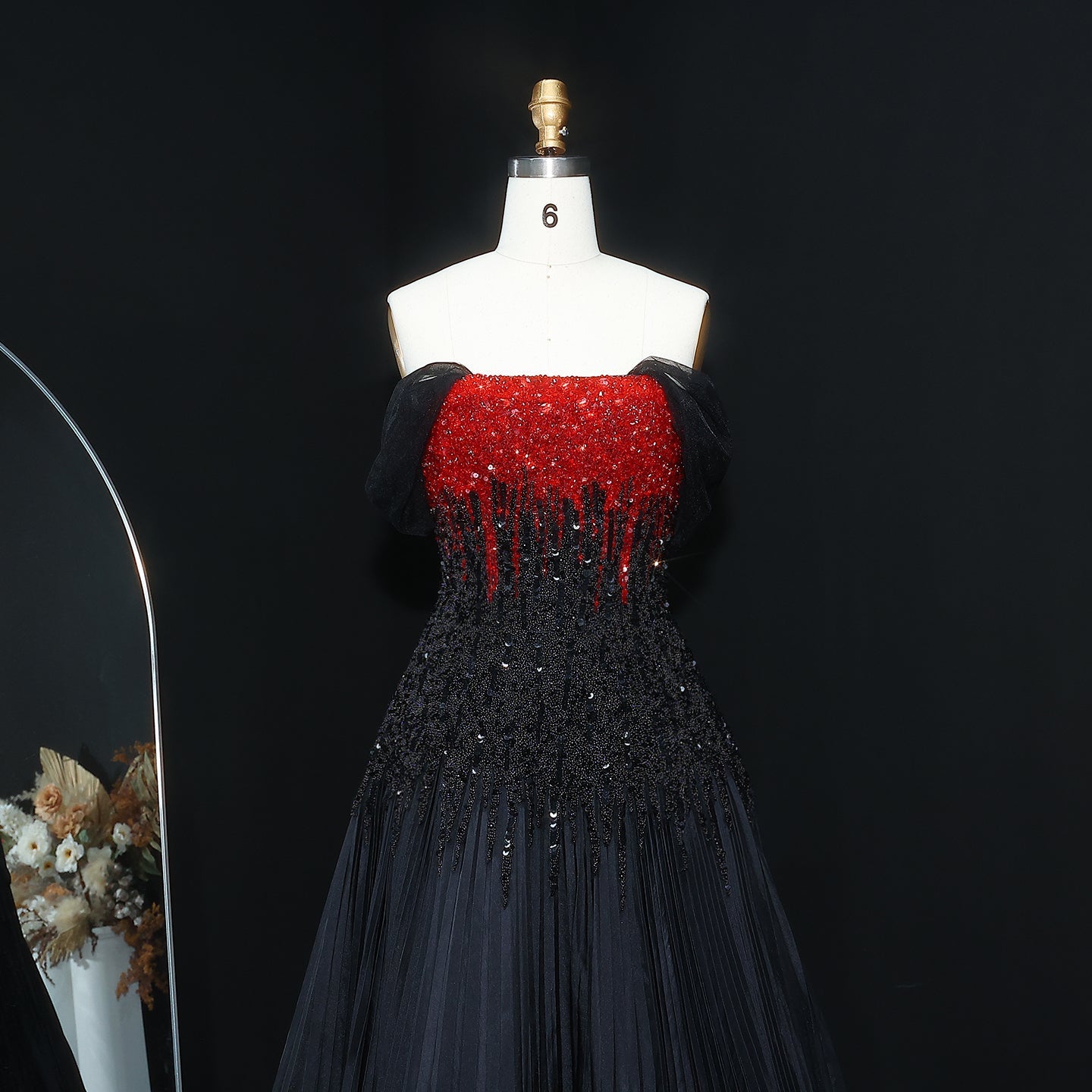 Luxury Beaded Black Strapless Midi Evening Dress SS224
