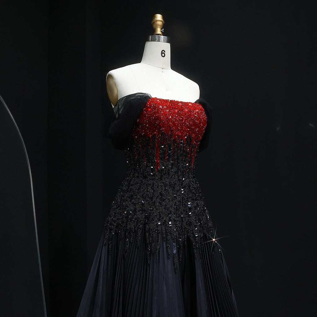 Luxury Beaded Black Strapless Midi Evening Dress SS224