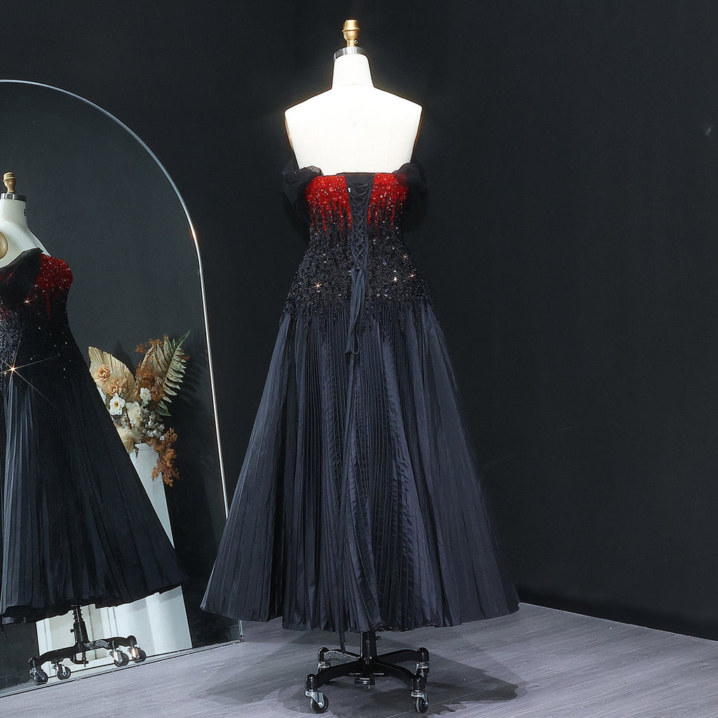 Luxury Beaded Black Strapless Midi Evening Dress SS224