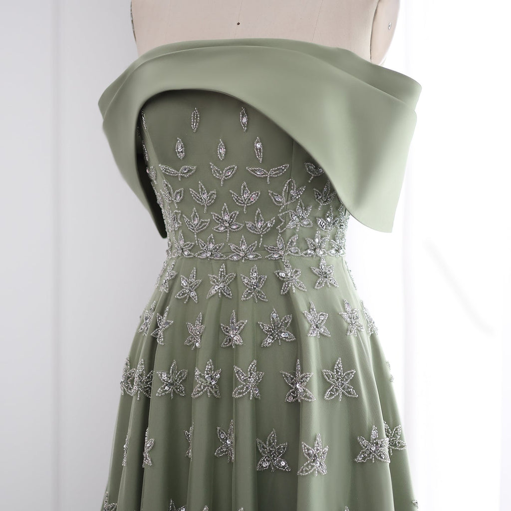 Elegant Beaded Yellow Satin Evening Dress with Cape SS455