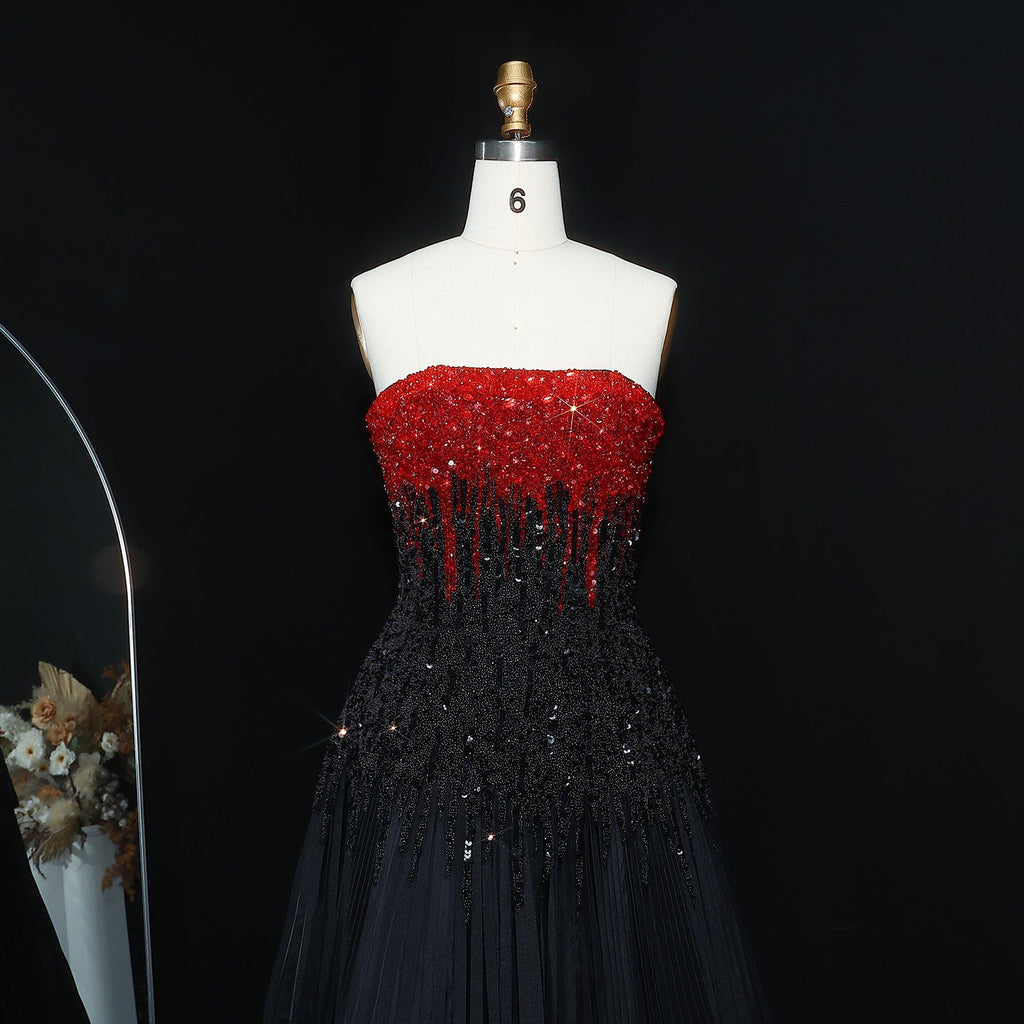 Luxury Beaded Black Strapless Midi Evening Dress SS224