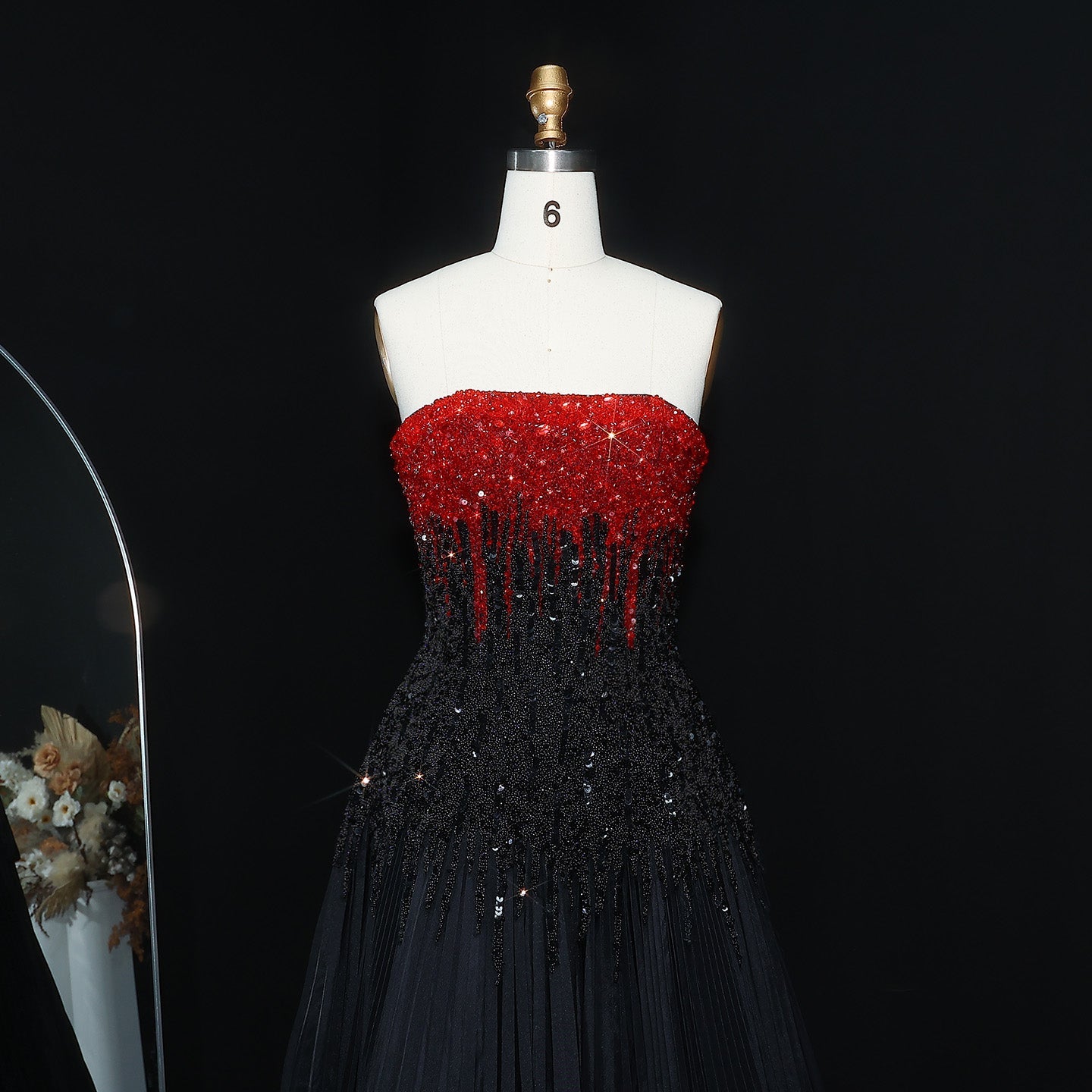 Luxury Beaded Black Strapless Midi Evening Dress SS224
