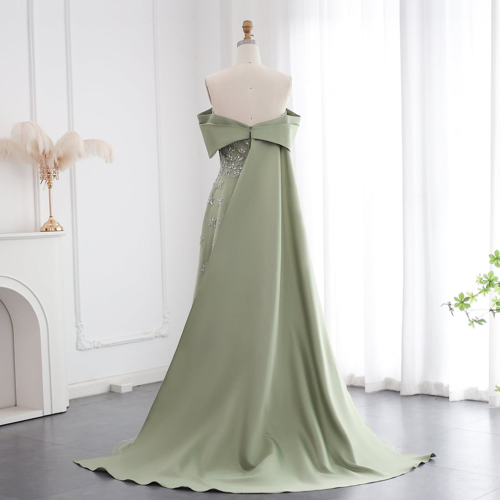 Elegant Beaded Yellow Satin Evening Dress with Cape SS455