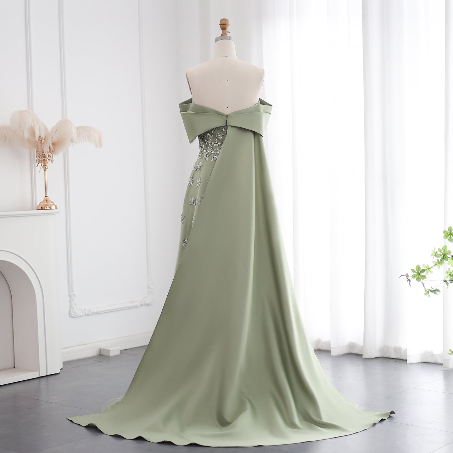 Elegant Beaded Yellow Satin Evening Dress with Cape SS455