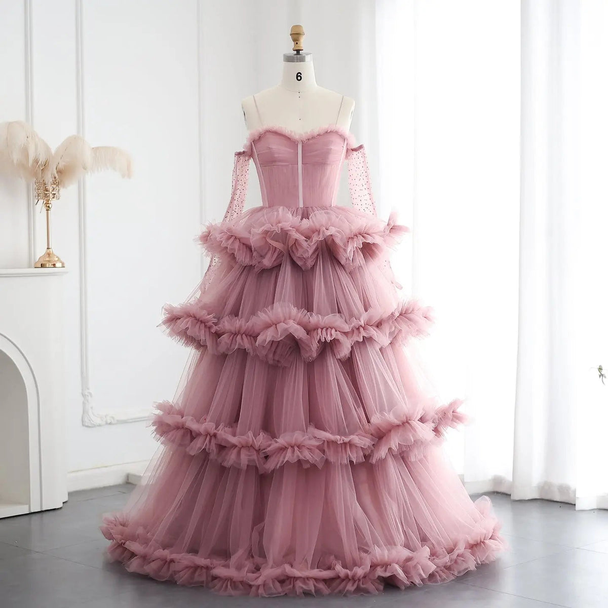 Burgundy Tulle Tiered Ruffles Evening Dresses with Gloves SF472