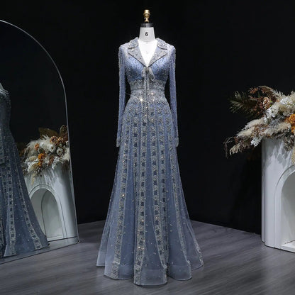 Luxury Blue Notched Collar Long Sleeve Beaded Evening Dress SS419