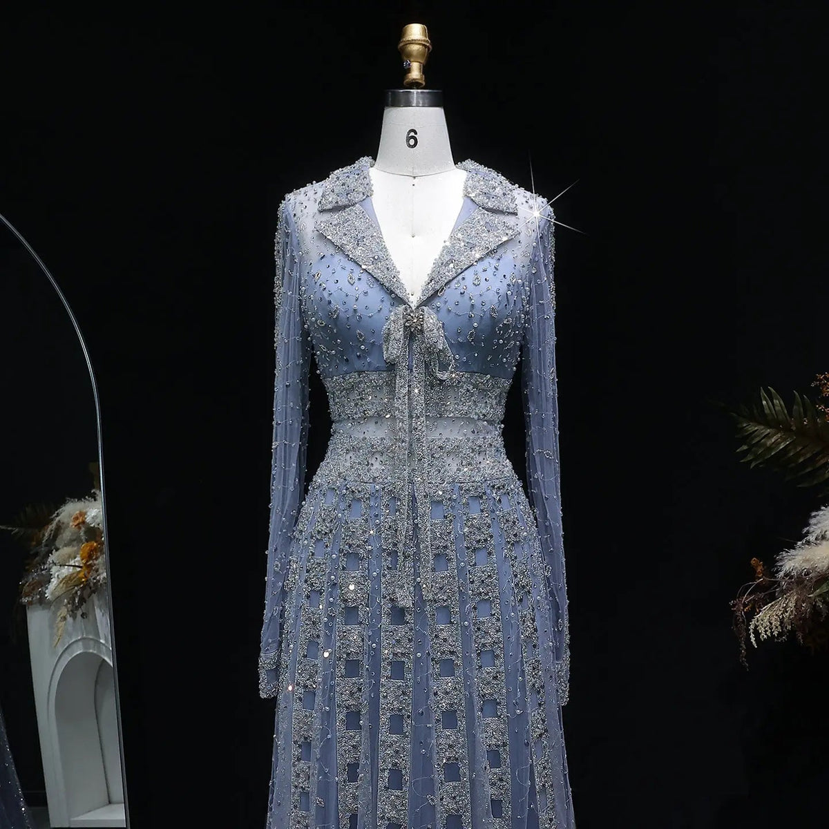 Luxury Blue Notched Collar Long Sleeve Beaded Evening Dress SS419