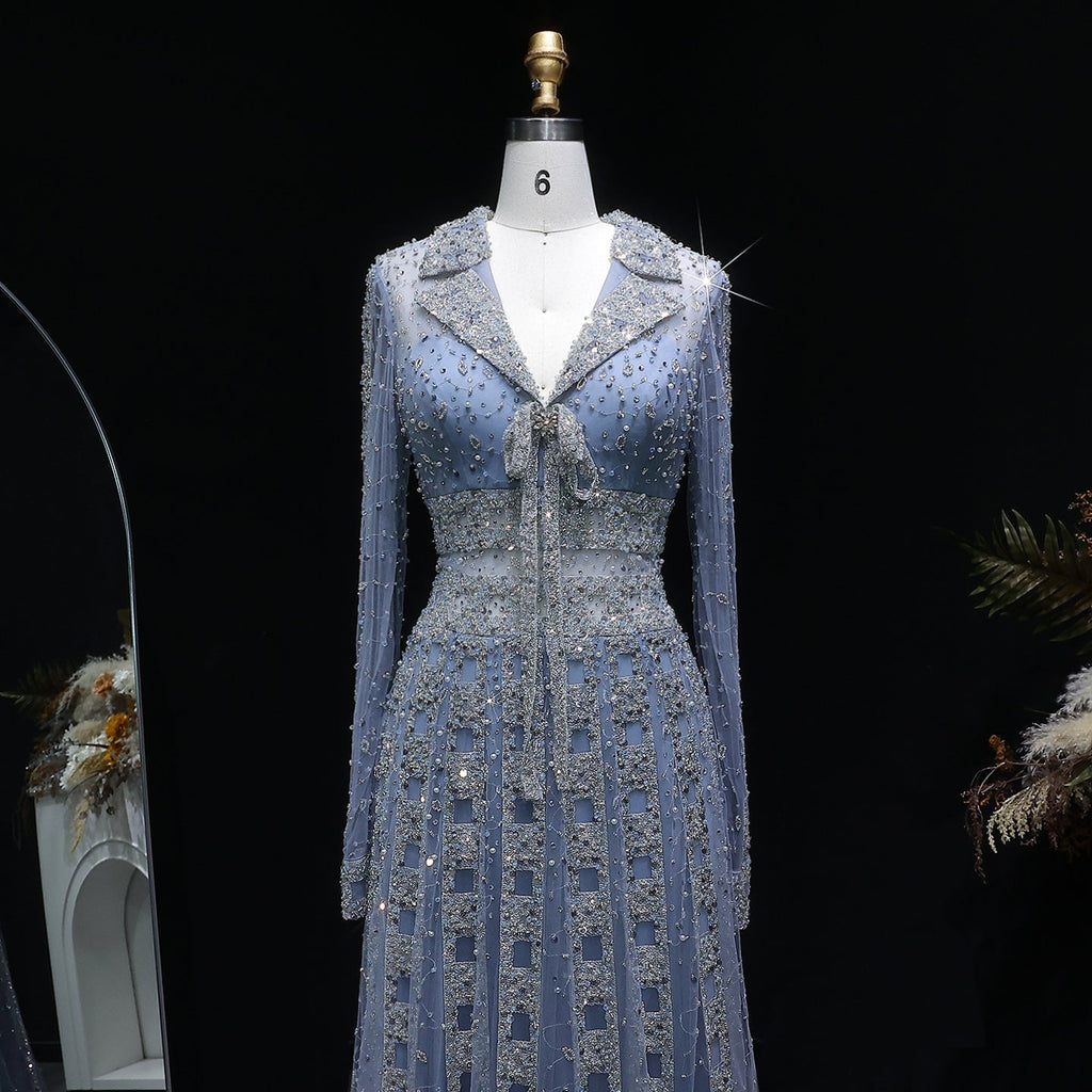 Elegant Champagne Notched Collar Beaded Long Sleeve Evening Dress SS419