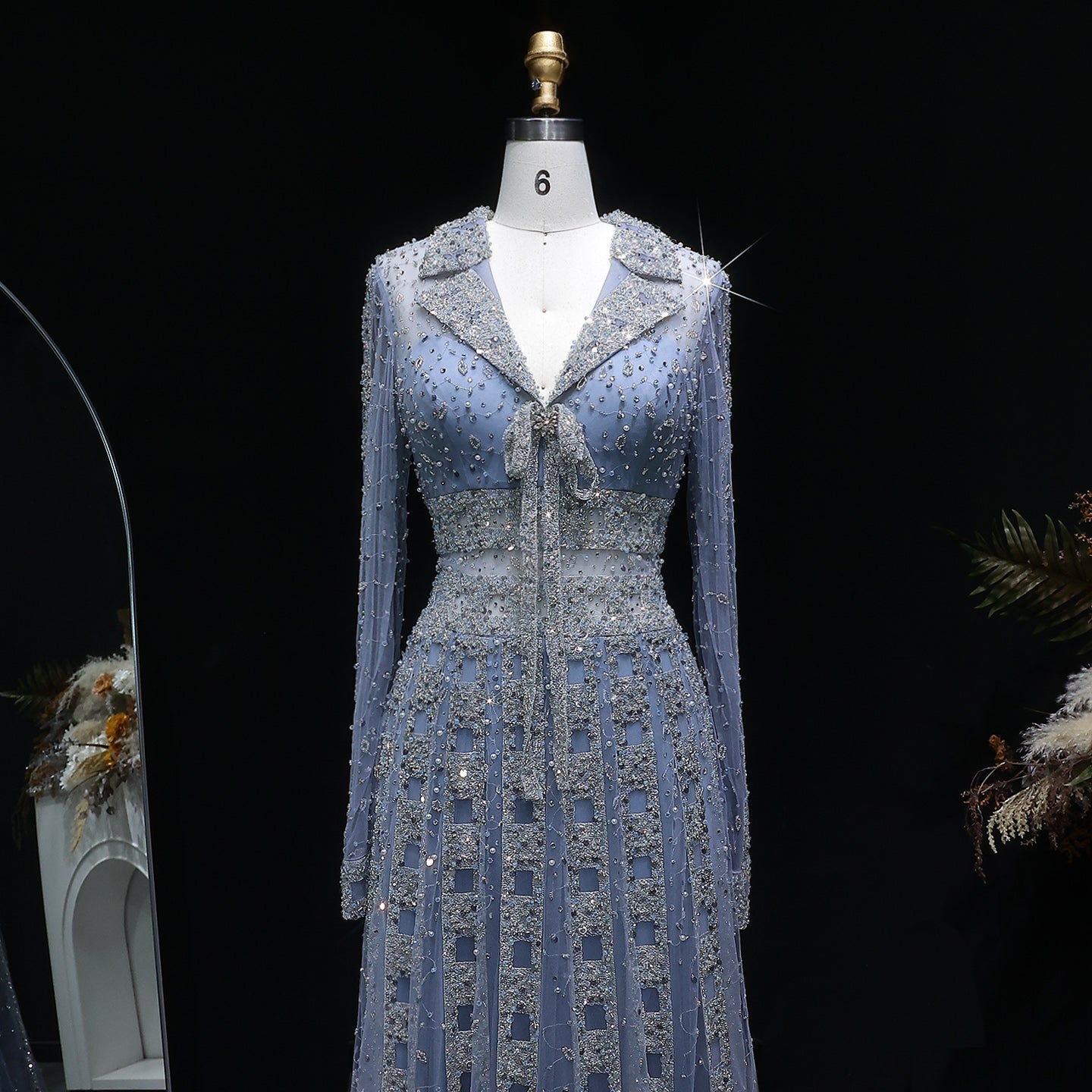 Elegant Champagne Notched Collar Beaded Long Sleeve Evening Dress SS419