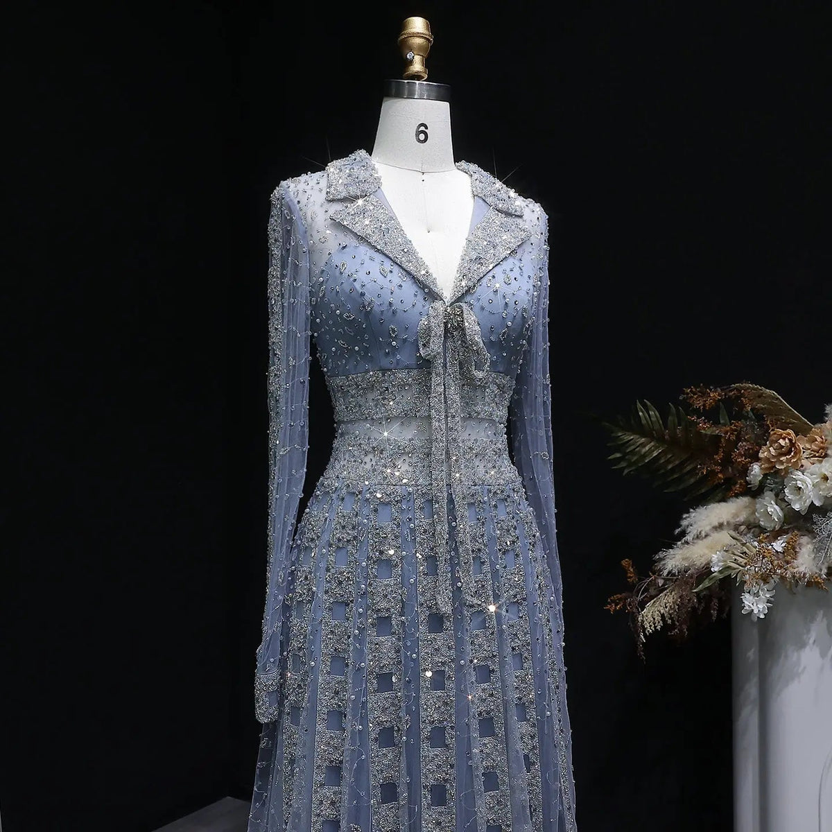 Luxury Blue Notched Collar Long Sleeve Beaded Evening Dress SS419