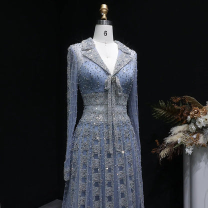 Luxury Blue Notched Collar Long Sleeve Beaded Evening Dress SS419