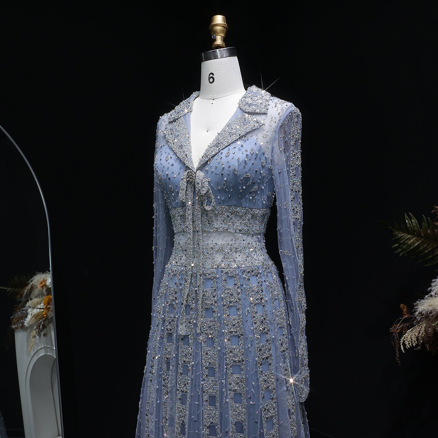 Elegant Champagne Notched Collar Beaded Long Sleeve Evening Dress SS419