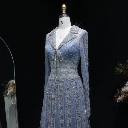 Luxury Blue Notched Collar Long Sleeve Beaded Evening Dress SS419